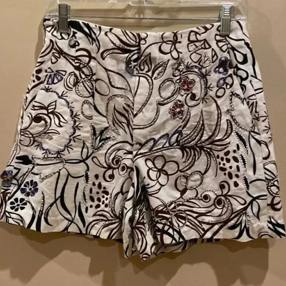 ZARA Ecru Printed Jewel High Waisted Shorts Women's Size Small